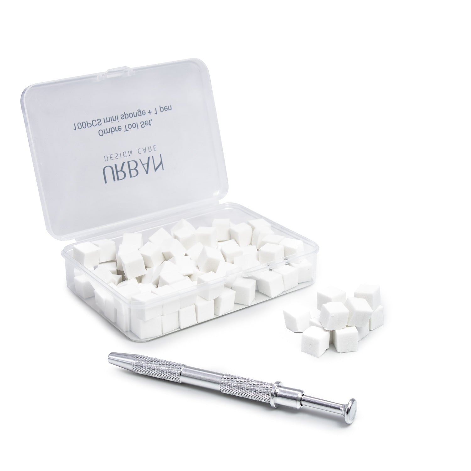 Caixa aberta do ombré tool set com as 100 esponjas descartáveis e caneta metálica