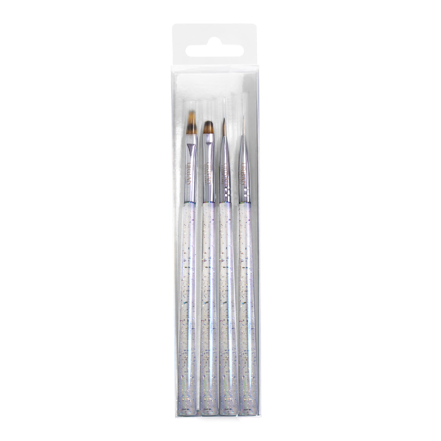 Os 4 pincéis individuais do kit holo clear dentro da embalagem transparente