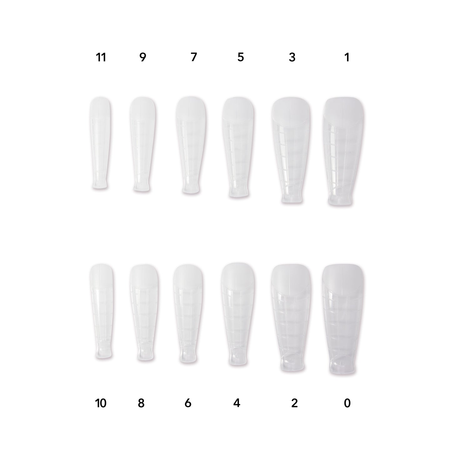 Caixa Nail Dual Form Natural Coffin com os diferentes tamanhos.