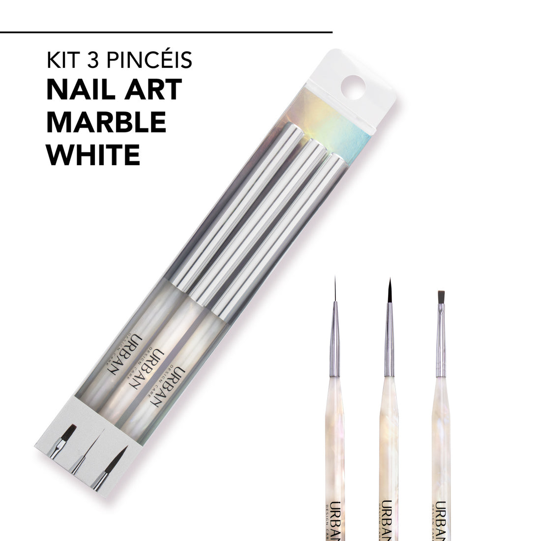 Kit 3 pincéis nail art marble white com embalagem e os individuais