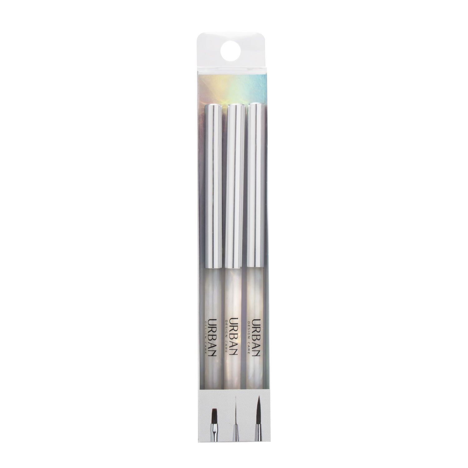 Os 3 pincéis individuais do kit nail art marble white dentro da embalagem transparente