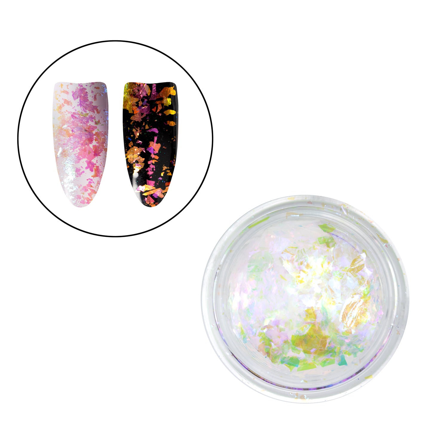 Embalagem aberta a mostrar os flakes do Aurora Premium Mirror Flakes 