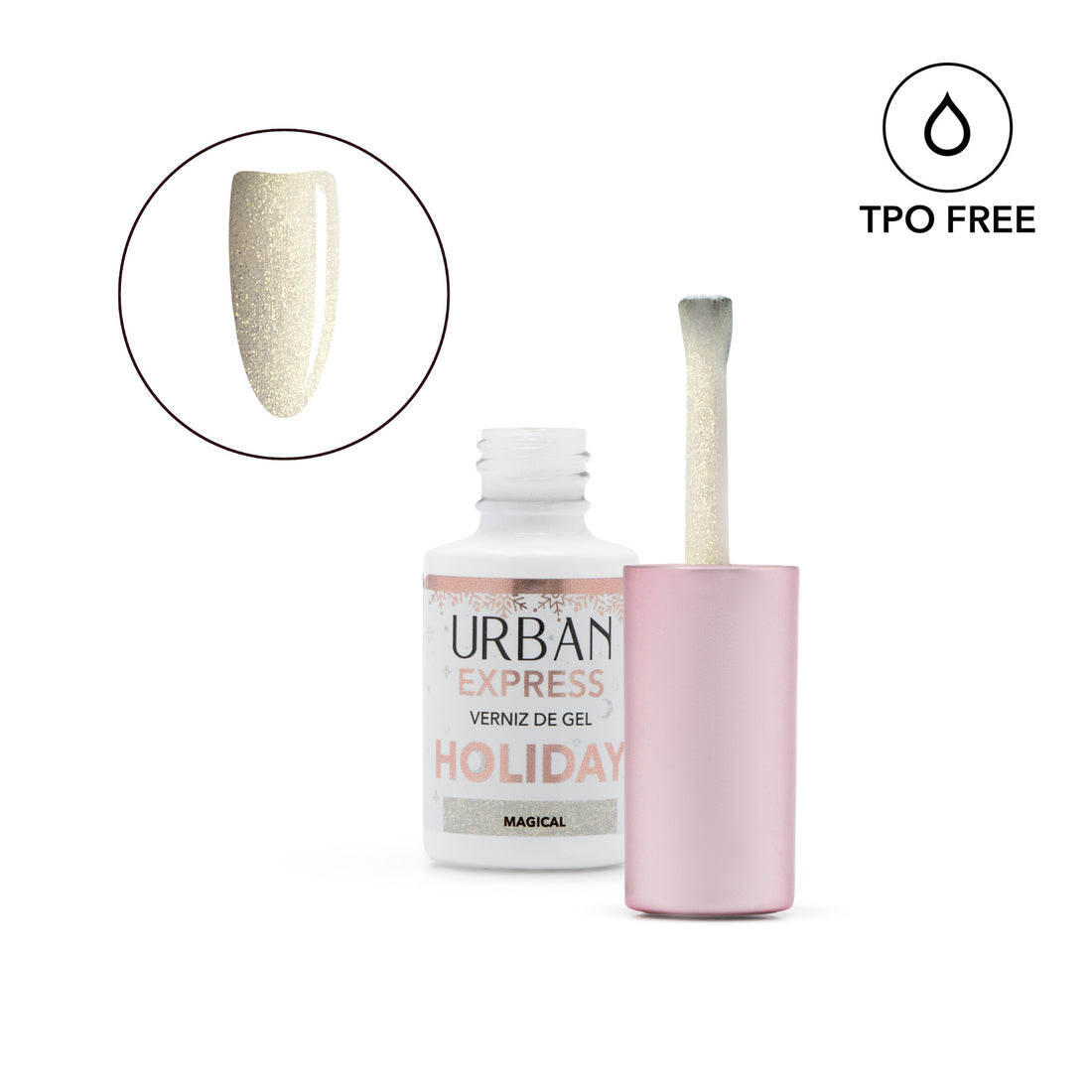 Verniz gel aberto com pincel e tip a mostrar a cor