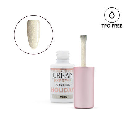 Verniz gel aberto com pincel e tip a mostrar a cor