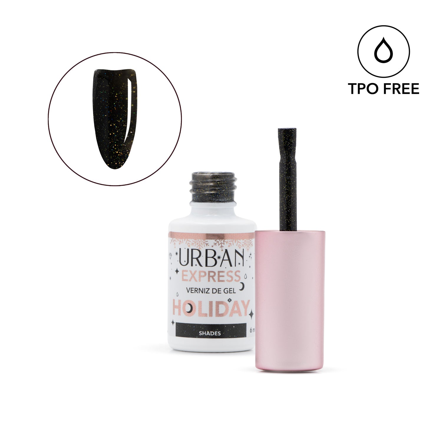 Verniz gel aberto com pincel e tip a mostrar a cor