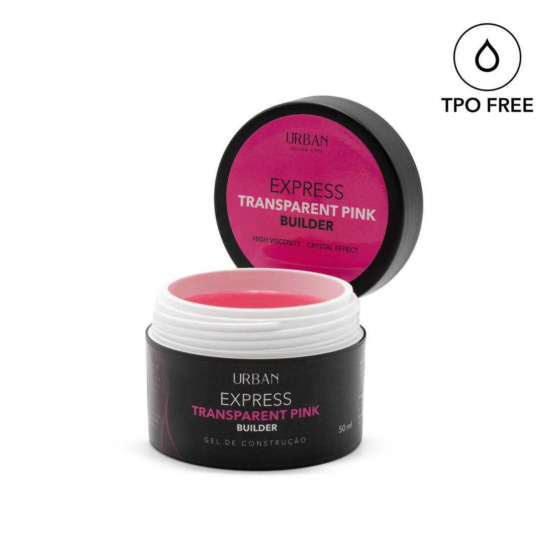 Embalagem aberta a mostrar a cor do gel de construção Express Transparent Pink Builder