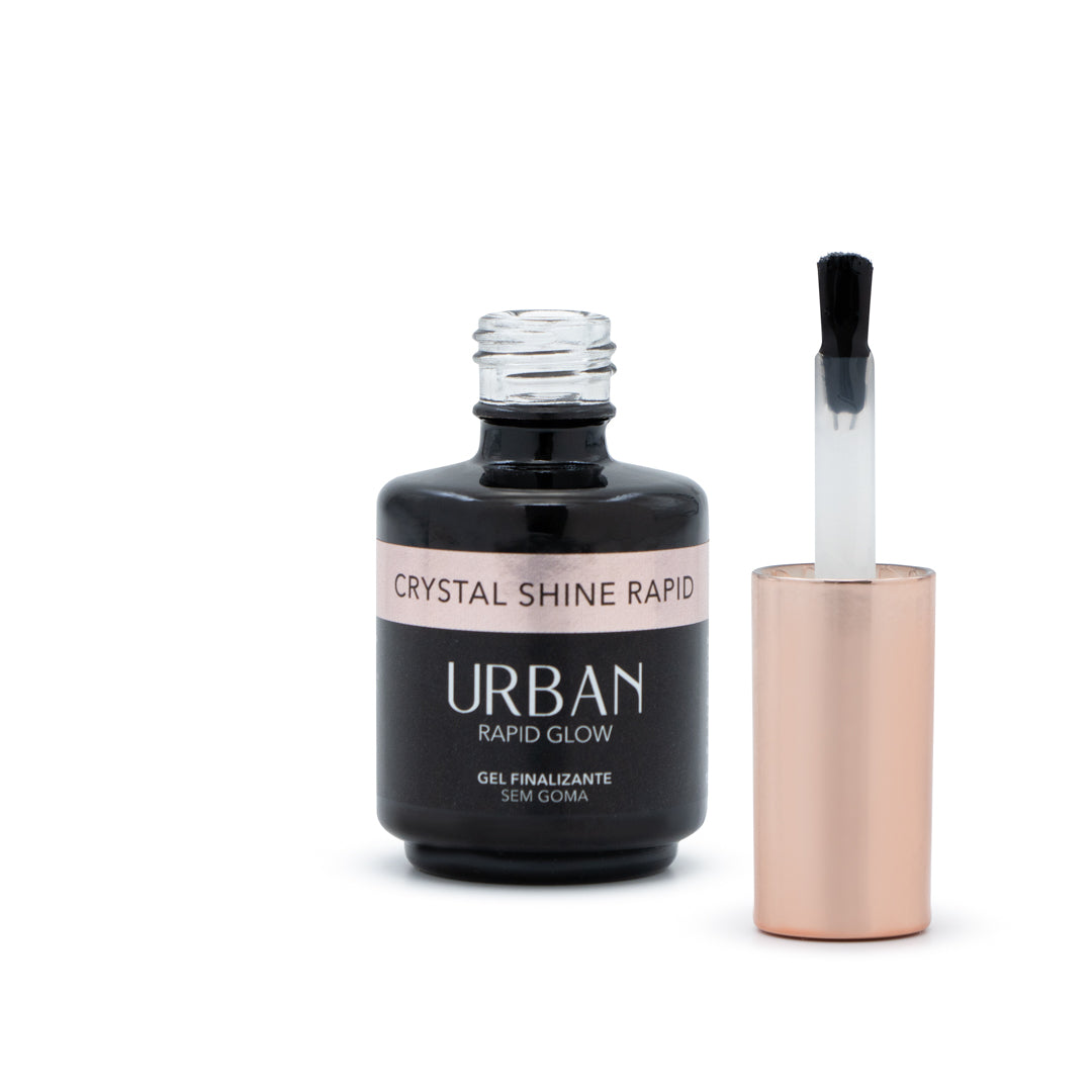 Frasco preto ao lado de um pincel com tampa dourada, gel finalizante sem goma