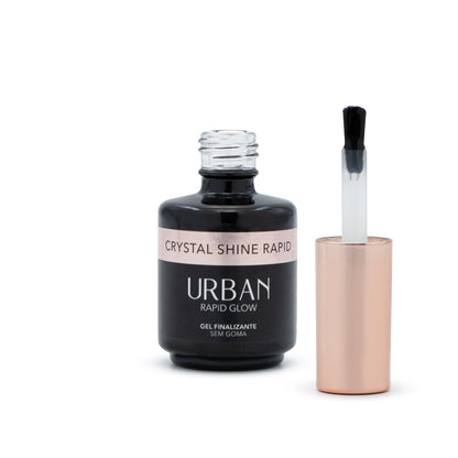 Frasco preto ao lado de um pincel com tampa dourada, gel finalizante sem goma