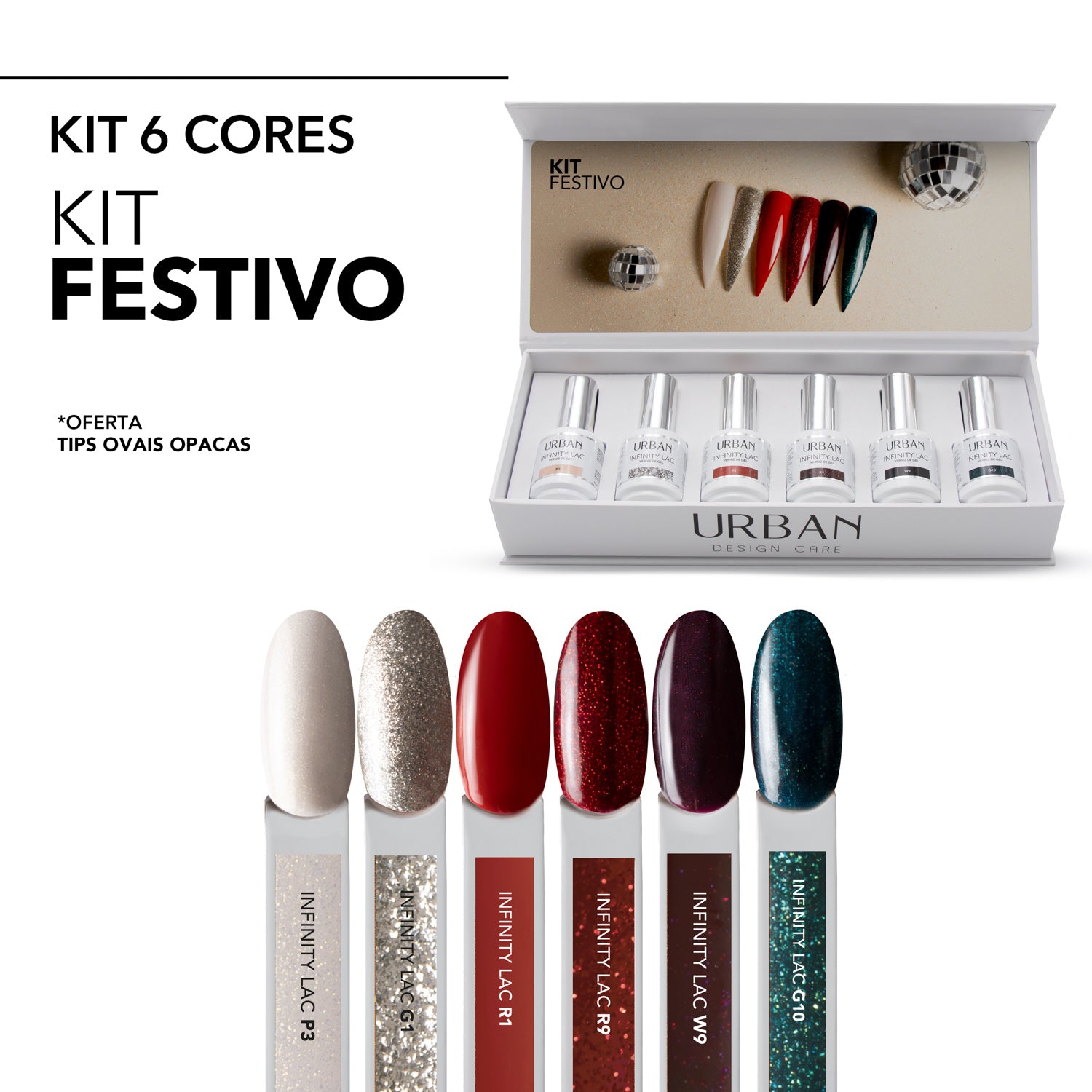 Kit com 6 cores de verniz gel aberto e com tips a mostrar as cores