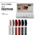 Kit com 6 cores de verniz gel aberto e com tips a mostrar as cores