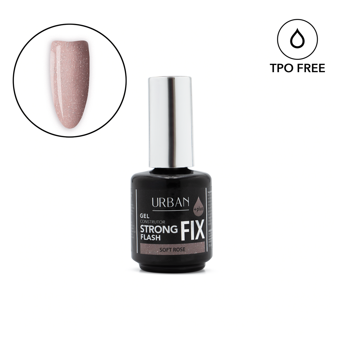 Frasco e unha tip pintada com o gel Strong Fix Flash Soft Rose